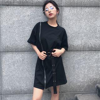 Plain Zipper Short-sleeve Long Top