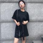 Plain Zipper Short-sleeve Long Top