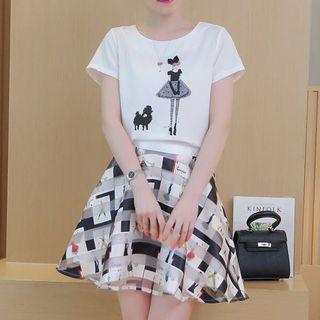 Set: Printed Short Sleeve T-shirt + Printed A-line Skirt