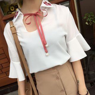 Flounced Embroidered Elbow-sleeve Chiffon Top