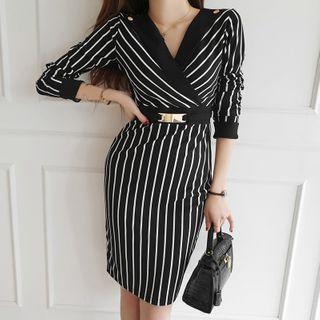 Long-sleeve Striped V-neck Sheath Dress