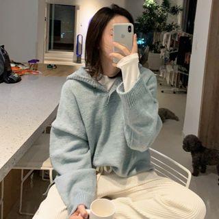 Slit-side Knit Hoodie Grayish Blue - One Size