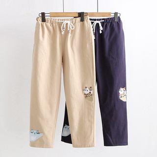Cat Embroidered Drawstring Cropped Straight-fit Pants