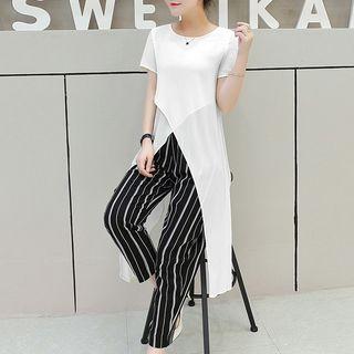 Set: Short-sleeve Long T-shirt + Cropped Striped Pants
