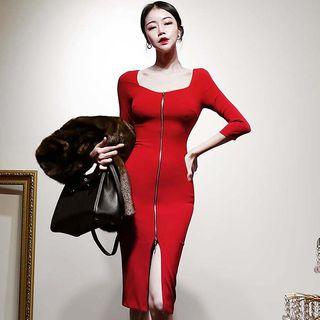 Square Neck Long-sleeve Sheath Knit Dress