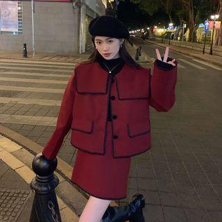 Lapel Color Block Long-sleeve Jacket / High-waist Skirt