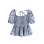 Short-sleeve Square-neck Smocked Plaid Top