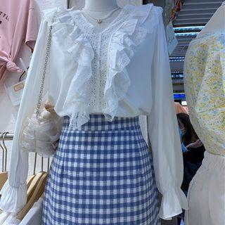 Long-sleeve Ruffled Lace Trim V-neck Blouse