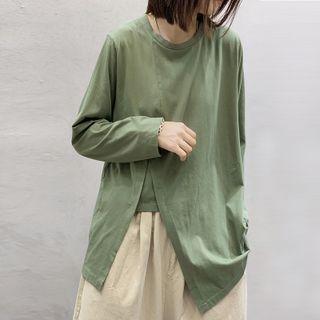 Long-sleeve Round-neck Plain Asymmetrical Top