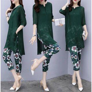 Set: Elbow-sleeve Slit Chiffon Top + Floral Cropped Pants