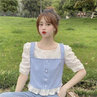 Mock Two-piece Short-sleeve Gingham Blouse