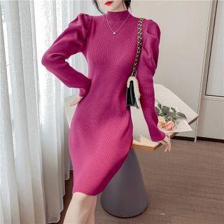 Puff-sleeve Mock-neck Mini Knit Sheath Dress