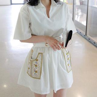 Collared Embroidered A-line Dress With Belt