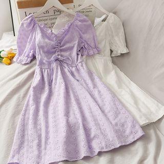 Eyelet Boatneck Drawstring A-line Dress