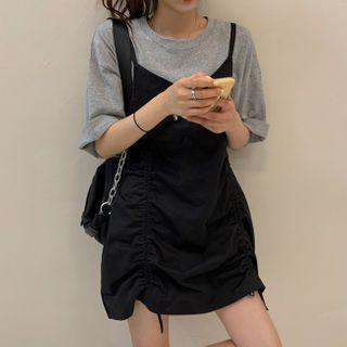 Mock Two-piece Short-sleeve Drawstring Mini Dress