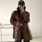 Faux Leather Slit-back Blazer Brown - One Size