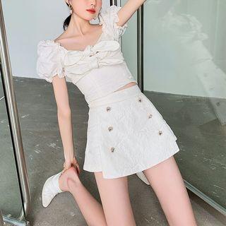 Set: Short-sleeve Bow-accent Cropped Top + Skort