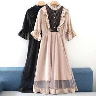 Short-sleeve Ruffle Trim Lace Panel Mesh Dress