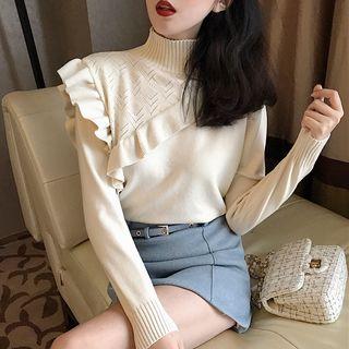 Mock Turtleneck Ruffle Trim Knit Top / Mini A-line Skirt