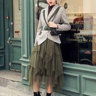 Asymmetric Plaid Blazer / Midi A-line Mesh Skirt