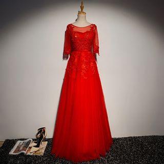 Embellished Lace Panel Elbow-sleeve Evening Gown