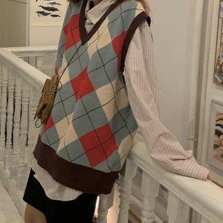 Striped Long-sleeve Shirt / Argyle Knit Vest