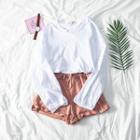 Set: Long-sleeve Plain T-shirt + Drawstring-waist Shorts