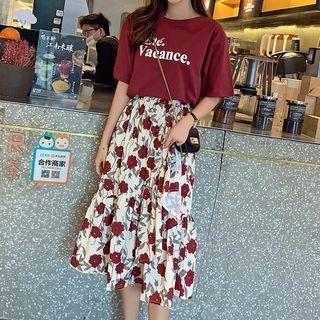 Set: Short-sleeve Lettering T-shirt + Flower Print Midi A-line Skirt