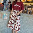 Set: Short-sleeve Lettering T-shirt + Flower Print Midi A-line Skirt