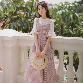 Bell-sleeve Blouse / Plaid Midi Overall Dress / Set