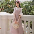 Bell-sleeve Blouse / Plaid Midi Overall Dress / Set