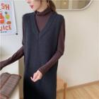 Plain Turtle-neck Long-sleeve T-shirt / Sleeveless Knit Dress