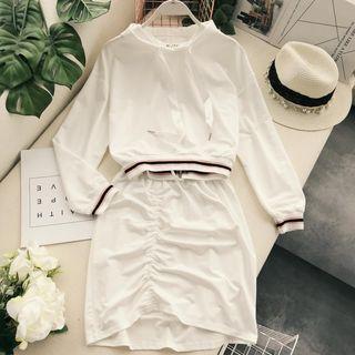 Set: Contrast-trim Hoodie + Drawstring-detail Mini Skirt