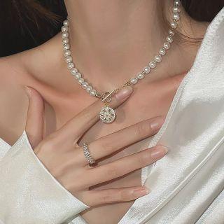 Rhinestone Faux Pearl Necklace White & Gold - One Size