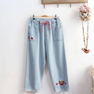 Strawberry Embroidered Cropped Harem Jeans Light Blue - One Size