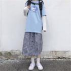 Mock Two-piece Long-sleeve Lettering T-shirt / Gingham Midi A-line Skirt