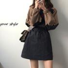 Color-block Zip Jacket / Drawstring Mini A-line Skirt