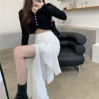 Plain V-neck Long-sleeve Crop Top / Lace Irregular Midi Skirt