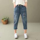 Drawstring Bear Embroidered Crop Jeans