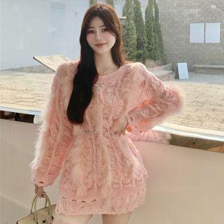 Fluffy Cable Knit Sweater / Waist Chain