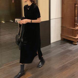 Velvet Short-sleeve Dress Black - One Size