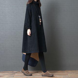 Mock Turtleneck Corduroy Long-sleeve Midi Dress
