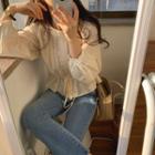 Long-sleeve Drawstring Lace Ruffle Blouse