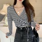 Long-sleeve Wrap Striped T-shirt Black & White - One Size