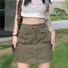 High Waist Plain Cargo Mini Fitted Skirt