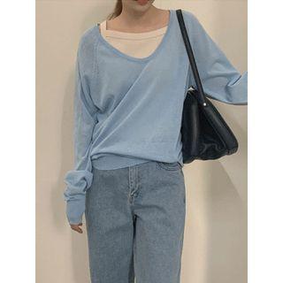 Raglan-sleeve V-neck Knit Top