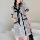 Short-sleeve Double Breasted Tweed Mini Dress / Bow Bead Body Chain