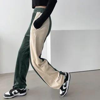 Band-waist Color-block Velvet Pants