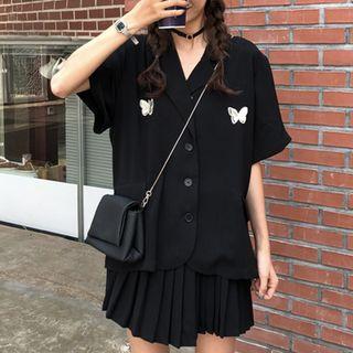 Applique Shirt / Pleated Mini Skirt