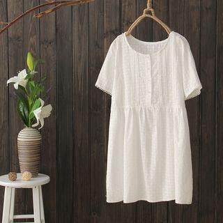 Short-sleeve Embroidered A-line Dress White - One Size